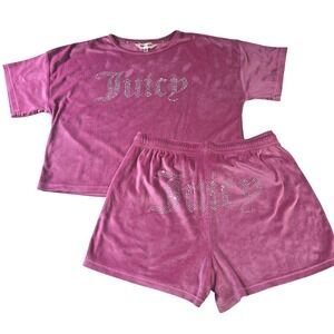 Juicy‎ Couture Pink Soft Velour Sleepwear Top & Short 2pc Set M Bling Spellout